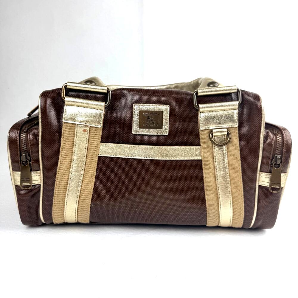 Burberry Blue Label Japan Y2K Brown PVC Canvas Gold Mini Duffle Boston Bag Rare